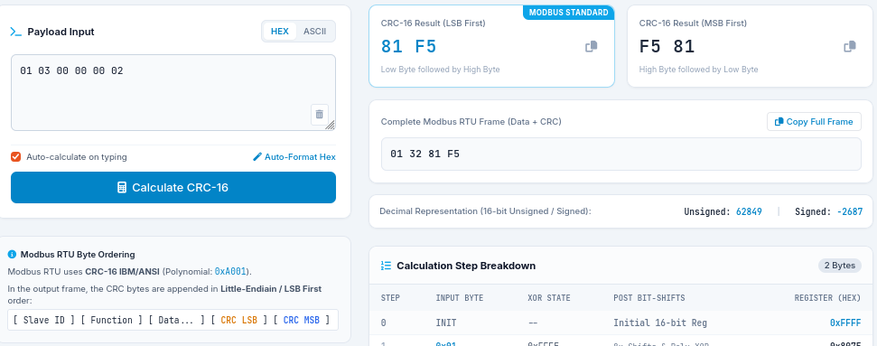 Modbus RTU CRC16 Calculator